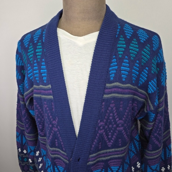 Vintage 90’s Nuovo New Forces Large Knit Sweater Button Blue Geometric Cardigan - Picture 2 of 7